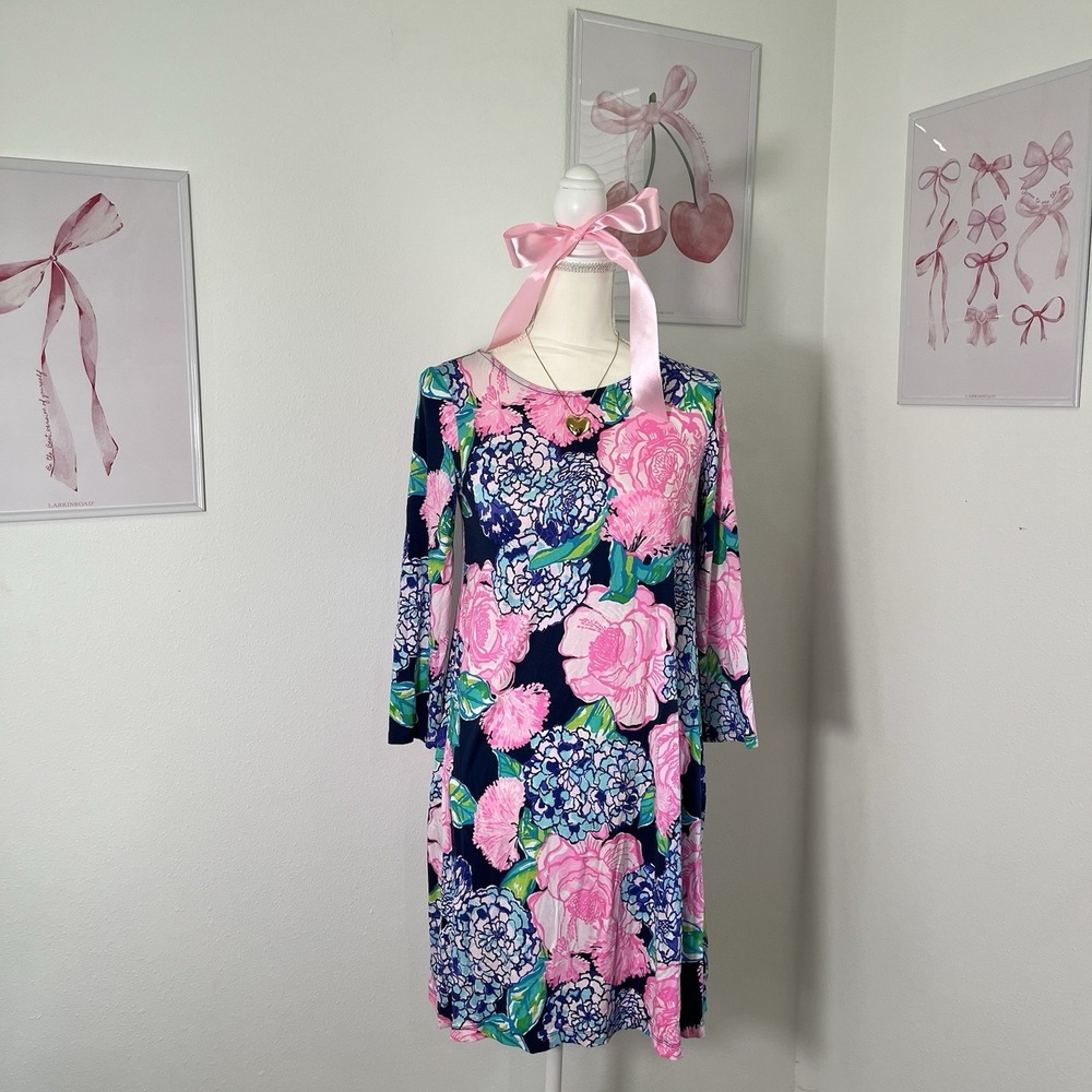 Lilly Pulitzer Ophelia Swing‎ Dress High Tide Navy Blue Hey Hey Bouquet Sz Small